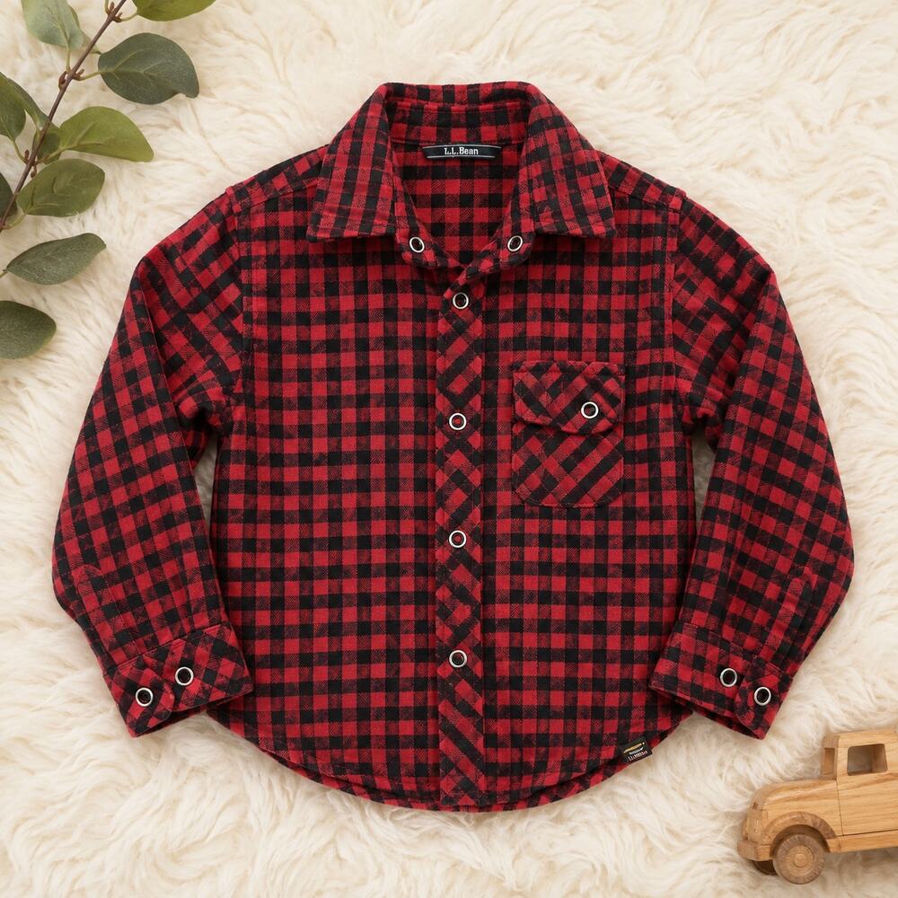 L.L.Bean Boy's Sz 5-6 Red Black Flannel Button Up Shirt Gorpcore Cabincore Top